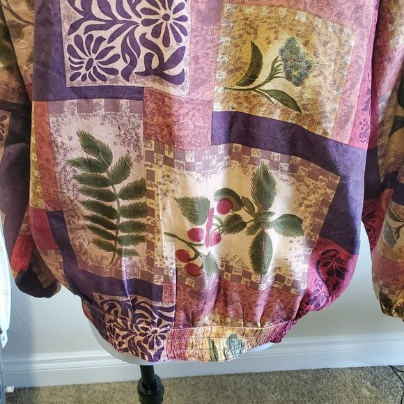 Vintage Stunt Sports 100% Silk Patchwork Jacket Small Boho 90 Bomber Flora Fruit - Picture 9 of 12